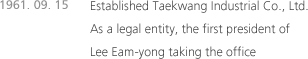 1961. 09. 15 Established Taekwang Industrial Co., Ltd. As a legal entity, the first president of Lee Eam-yong taking the office