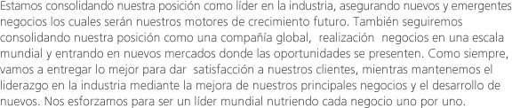 Estamos consolidando nuestra posición como líder en la industria, asegurando nuevos y emergentes negocios los cuales serán nuestros motores de crecimiento futuro. También seguiremos consolidando nuestra posición como una compañía global,  realización  negocios en una escala mundial y entrando en nuevos mercados donde las oportunidades se presenten. Como siempre, vamos a entregar lo mejor para dar  satisfacción a nuestros clientes, mientras mantenemos el liderazgo en la industria mediante la mejora de nuestros principales negocios y el desarrollo denuevos. Nos esforzamos para ser un líder mundial nutriendo cada negocio uno por uno. 